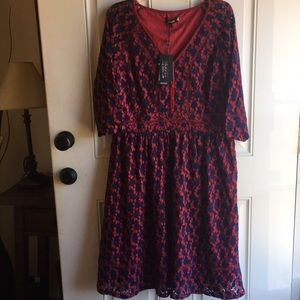 Fit & flare maroon and navy blue lace dress